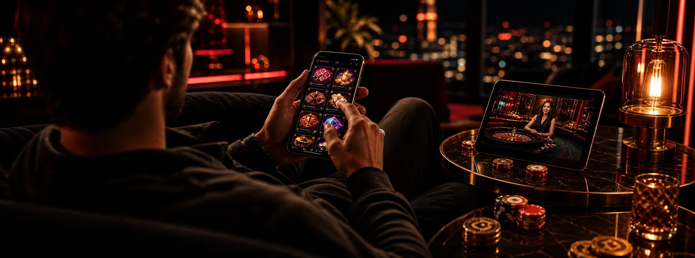 Hráč prochází hry Nine Casino na mobilním telefonu